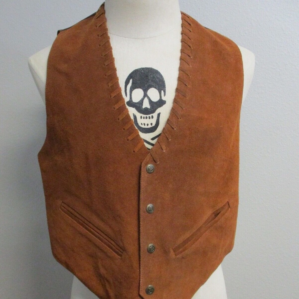 Mine & Bills Outfitters Cowboy Western Biker Brown Leather Mens Fringe Vest Sz M